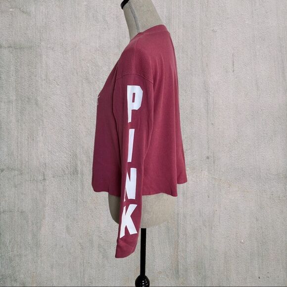 Pink Victoria Secret Cropped Long Sleeve V-Neck Waffle Tee Size XS, NWOT - Picture 2 of 5